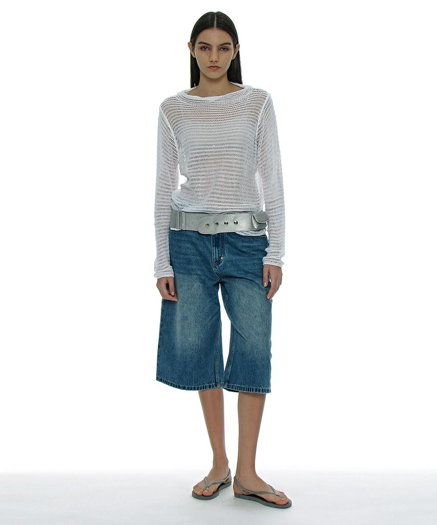 PARTIMENTO WOMEN Sheer Boatneck Knit Top_White