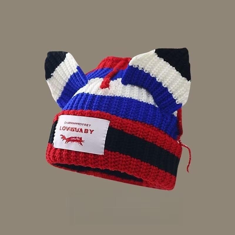 Pig Hat Korean New Contrasting Color Cute Pig Ears Thickened Warm Wool Hat Men and Women Autumn and Winter Color Blocking Knitted Hat
