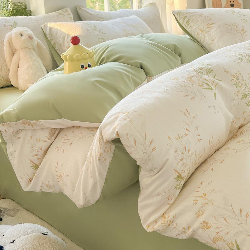 A Type Small Fresh Four-piece Set Ins Household Bed Sheet Quilt Cover Washed Cotton Double-layer Yarn Quilt Cover Bedding Three-piece Set