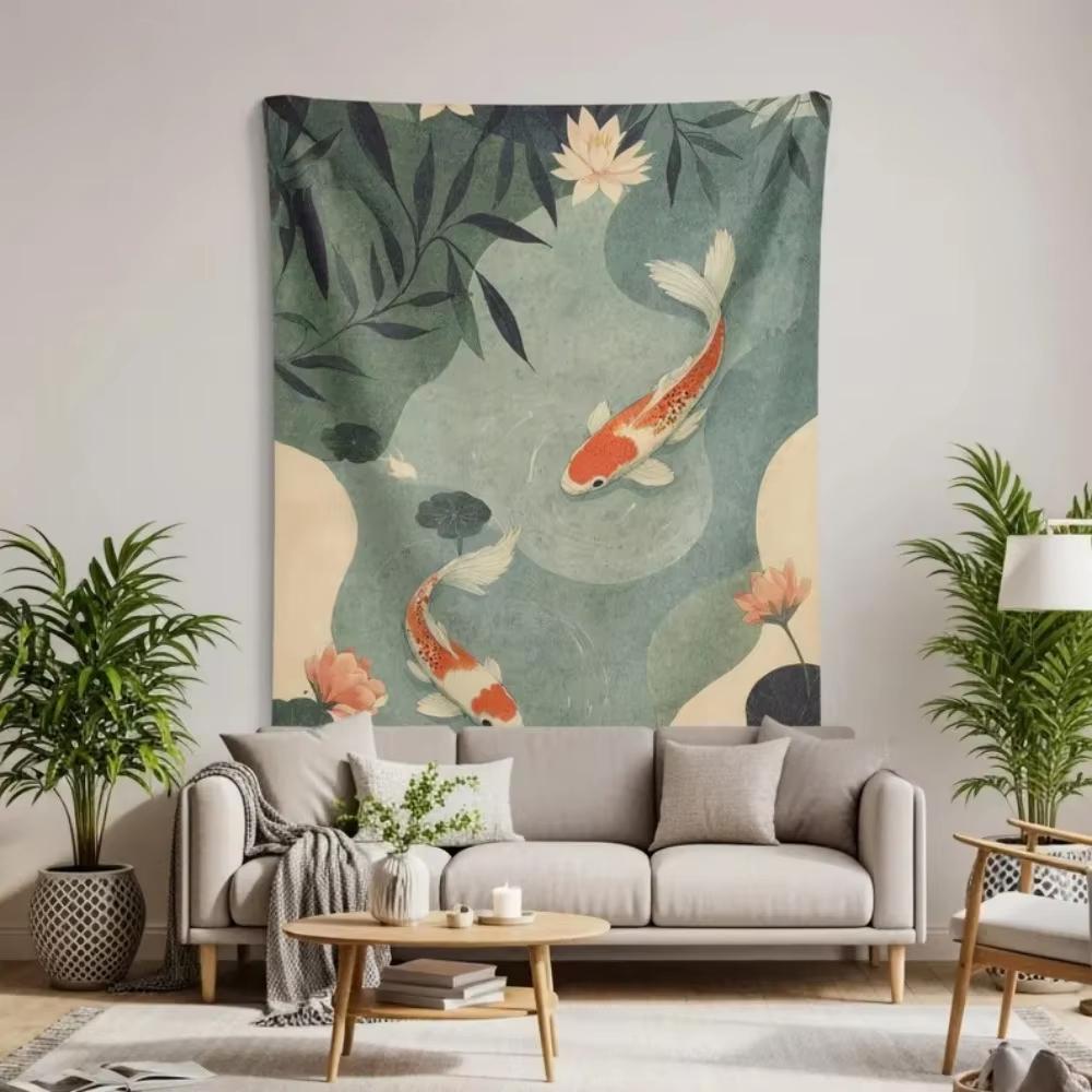 Zen Inspired Koi Fish Lotus Tapestry, Japanese Serene Wall Art For Bedroom Living Room Home Decor Accessories