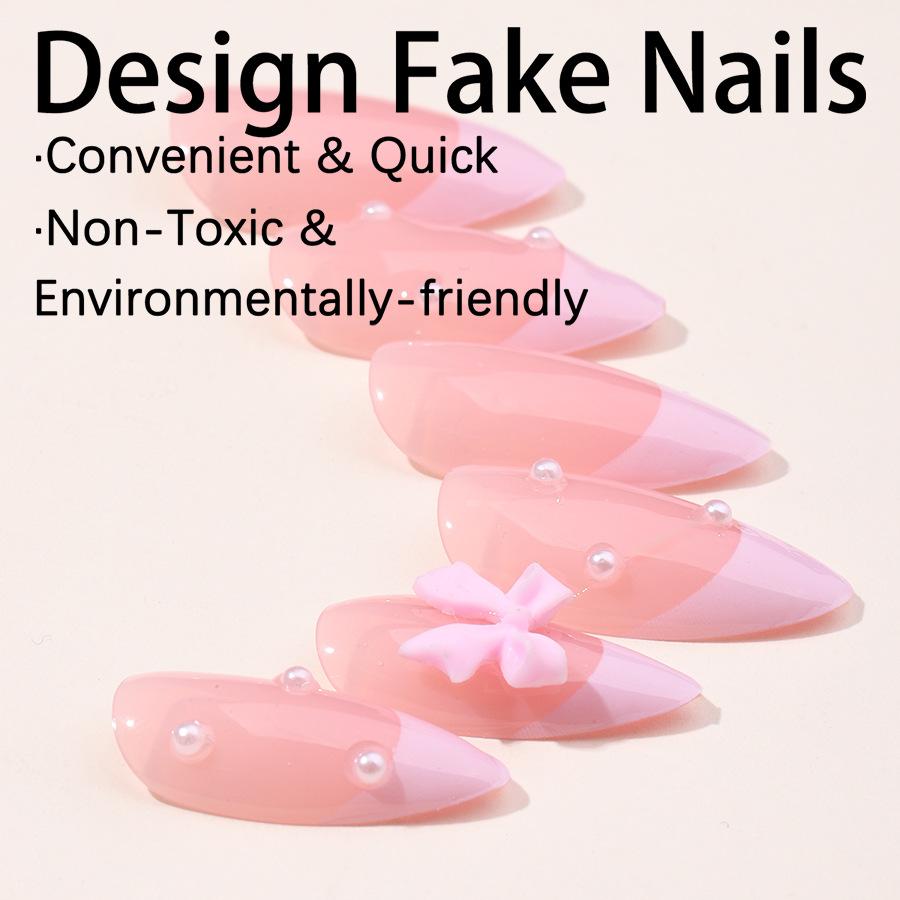 Wearable Nails Pink Nail Tips with Pearl Bow Nail Stickers Wearable Nails Nail Stickers Detachable Nail Tips