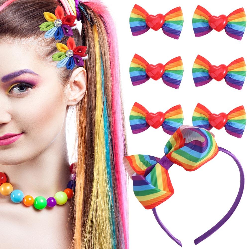 Elastic Rainbow Hair Clips Jumbo Large Ribbon Hair Band Hair Pins Rainbow Hair Bow Ties  Wedding