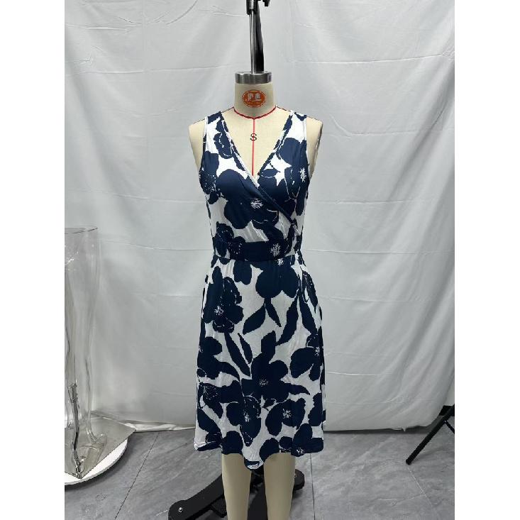 Women Elegant V-Neck Fashion Printed Pocket Sleeveless Dresses Summer Ladies Casual Short Dress Female Party Vestidos
