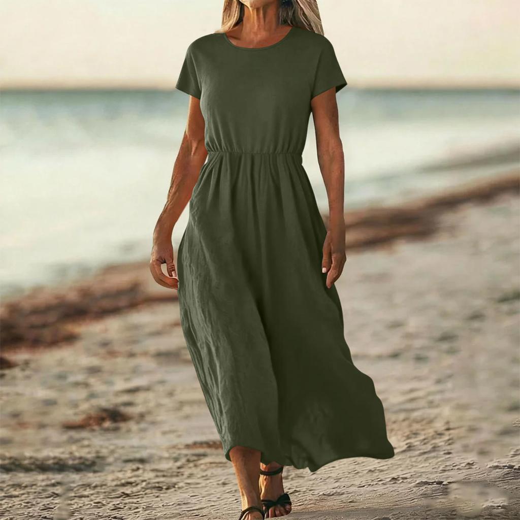 O-Neck Dress For Women Casual Comfy Cotton Linen Short Sleeve Tunic Beach Dresses With Pockets