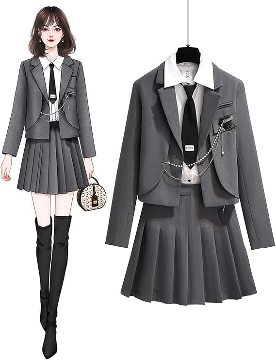 

JIURUN Лолита Униформа Готическая Лолита Милитари Хэллоуин Аниме Мори Девушка Плиссированная Юбка и Готика Плюс Идеально для Выпускного Набор из 4 предметов, Костюм, серый