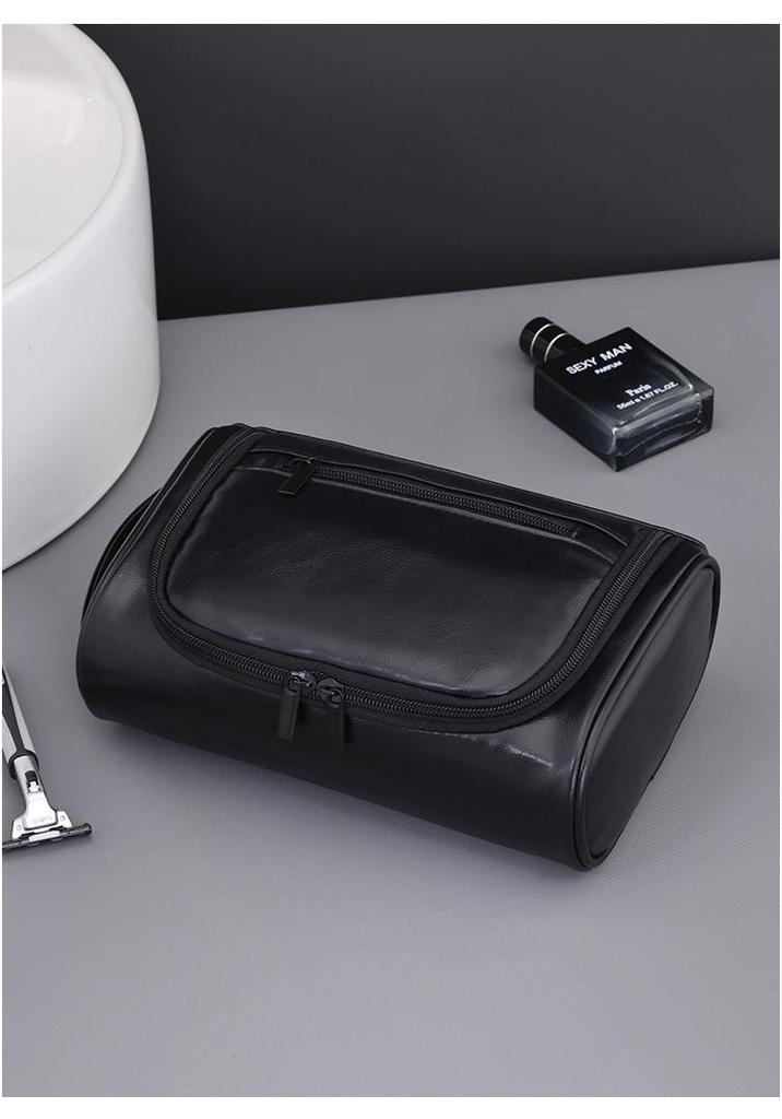 Men's PU Leather Handheld Cosmetic Bag: High-Capacity Waterproof Toiletry Travel Case