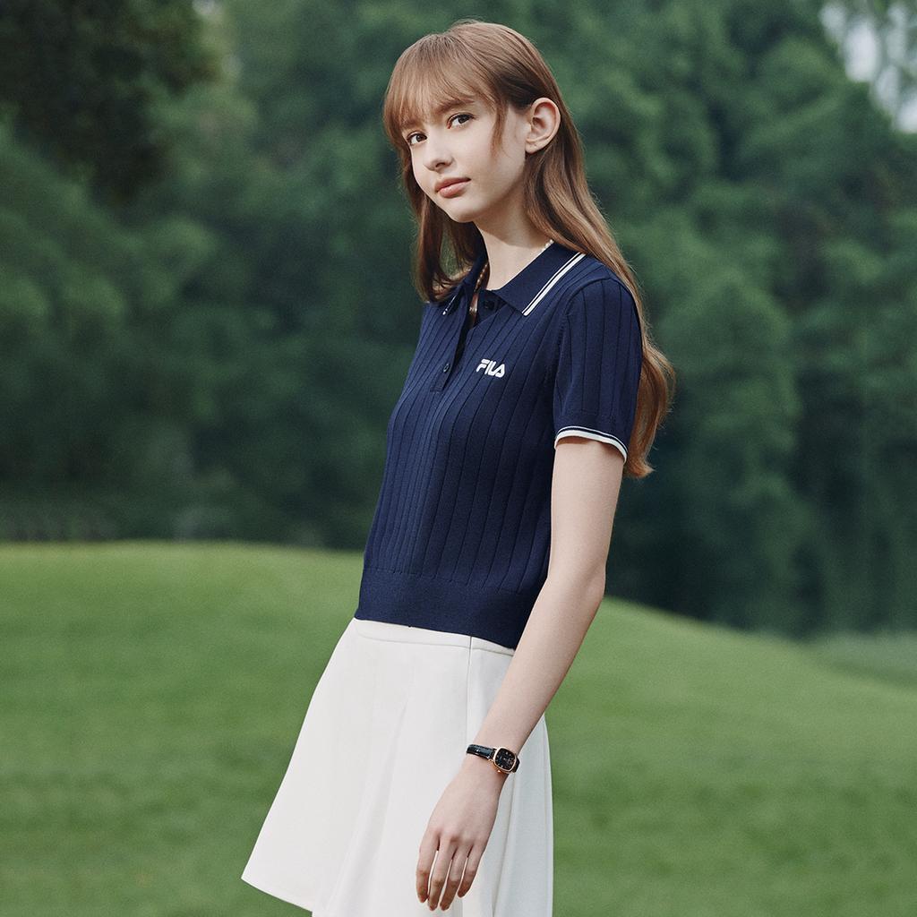 Fila Original Fashion Simple Classic Retro Casual Elegant Versatile Comfortable Woven Short Sleeve Polo Knit Top Women Tops Starry-Blue F51W629401FNV