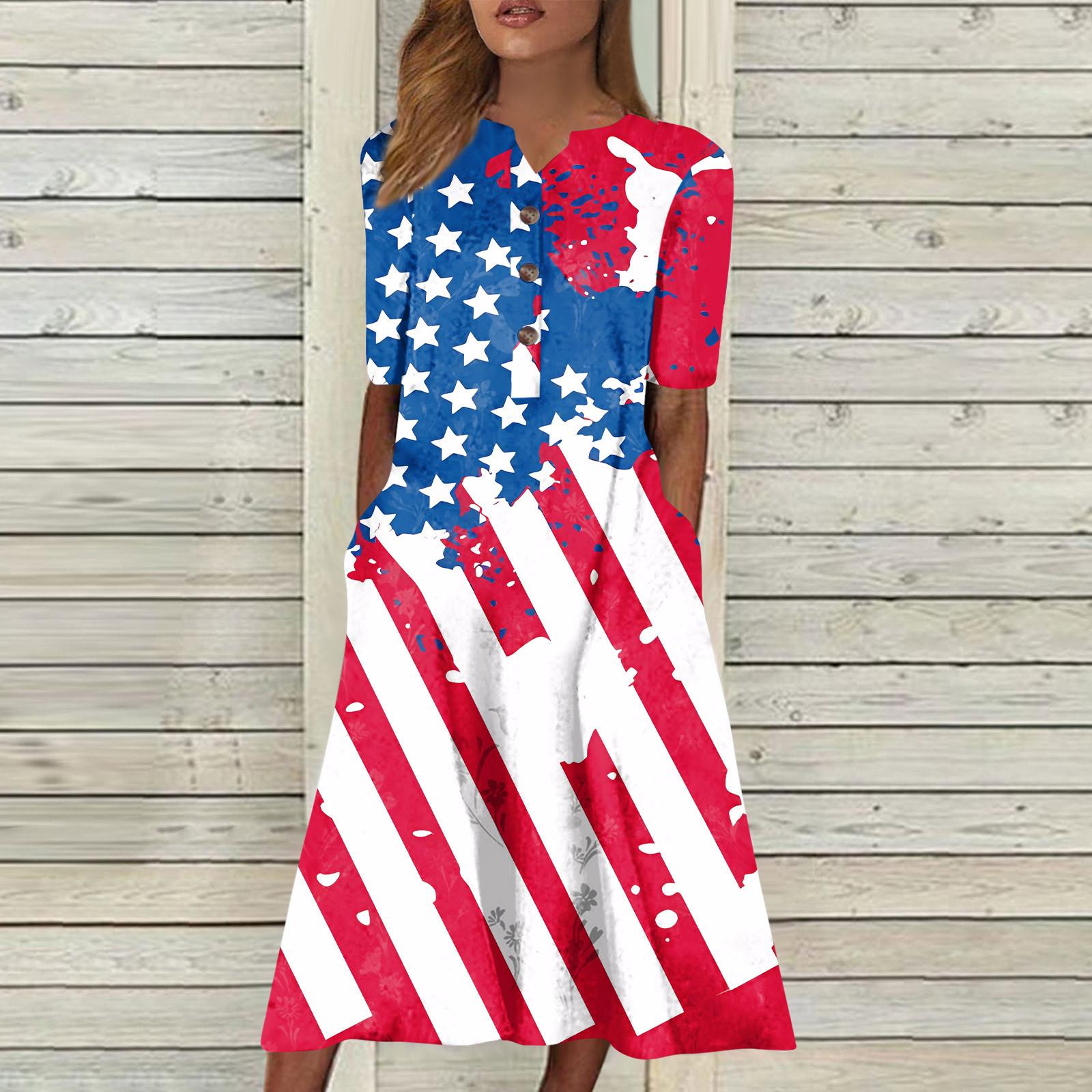 

Женское платье с v-образным вырезом и короткими рукавами, повседневное платье с принтом в горошек и карманами на День независимости XXL