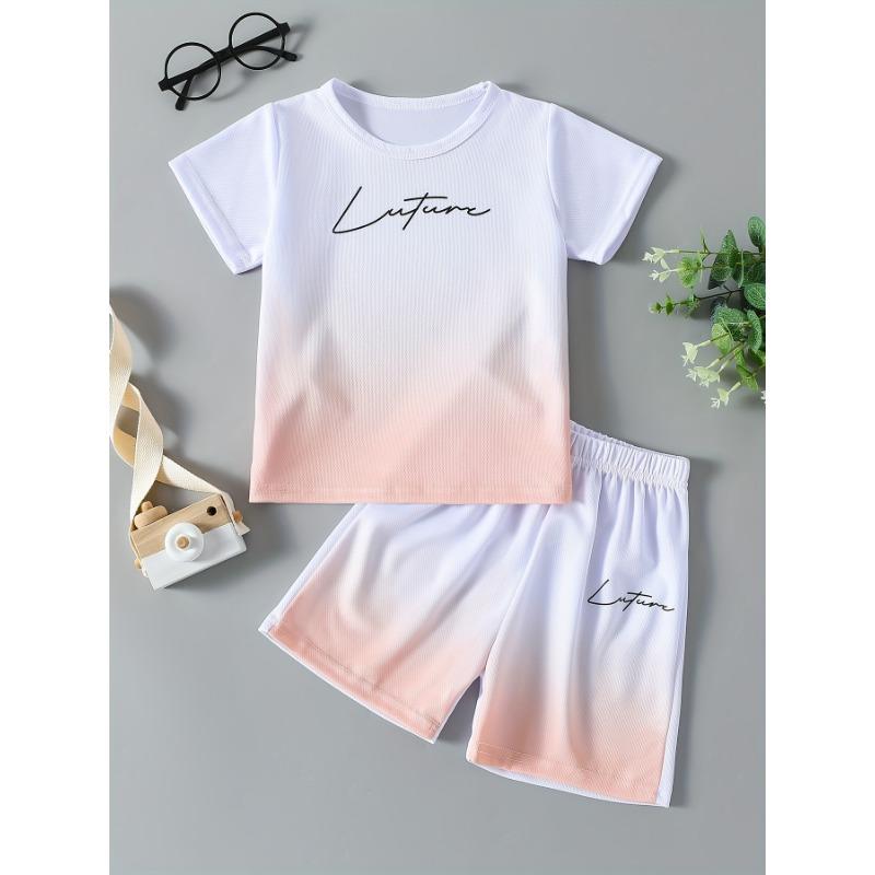 

2pcs set of boys shorts suits for medium and large boys, baby boys, gradient leisure letter print, fashionable short-sleeved shorts 100