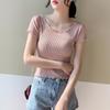 Women Summer Knitted Ice Silk T-Shirt Tops Short Sleeve Slim Fungus Leaf Collar High Waist Solid Color Cool