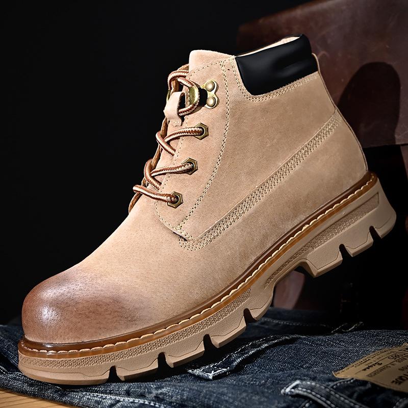 Autumn and winter new men's rhubarb leather boots first layer pigskin short boots men's casual explosion velvet thermal tooling boots