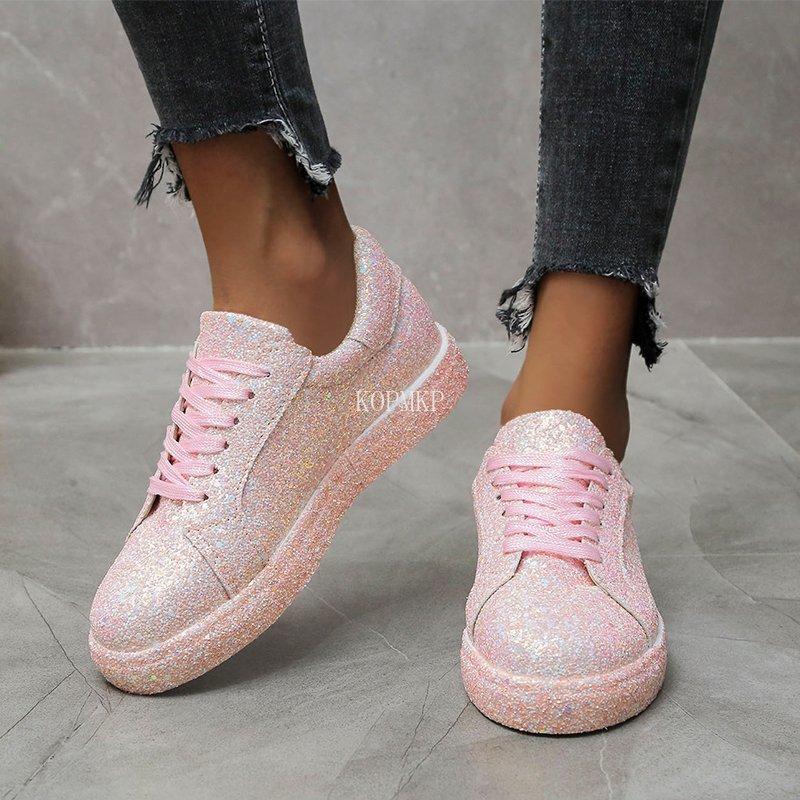 Women Vulcanize Shoes Sneakers Sliver Bling Shoes Girl Flat Glitter Sneakers Casual Female Breathable Lace Up Sport Shoes