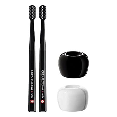 Curaprox Toothbrush Black/White (Black X Black) Set of 2 + Toothbrush Stand (Black X White)