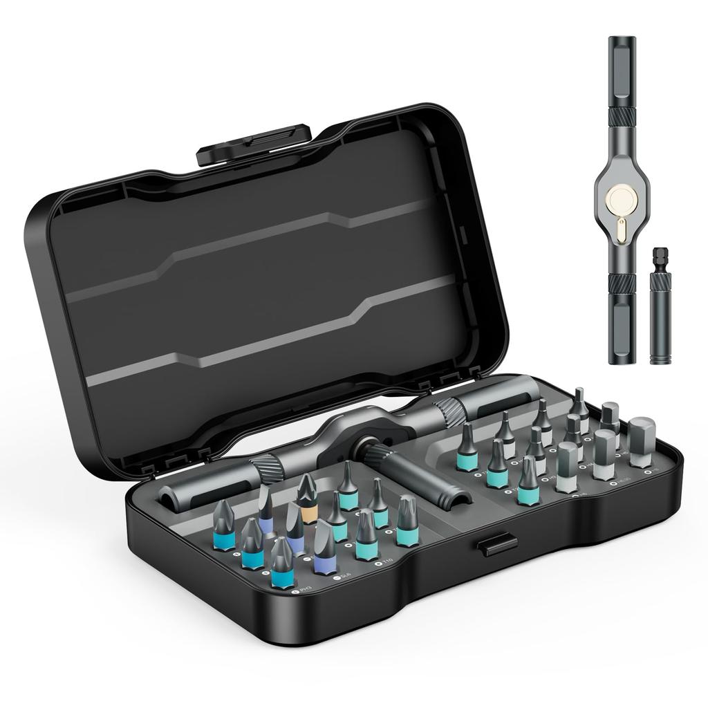 Ratchet Screwdriver Set with S2 Steel Lightweight Aluminum Suitable for Home and DIY 24-Piece Bits, Handle, Appliances, Automotive,