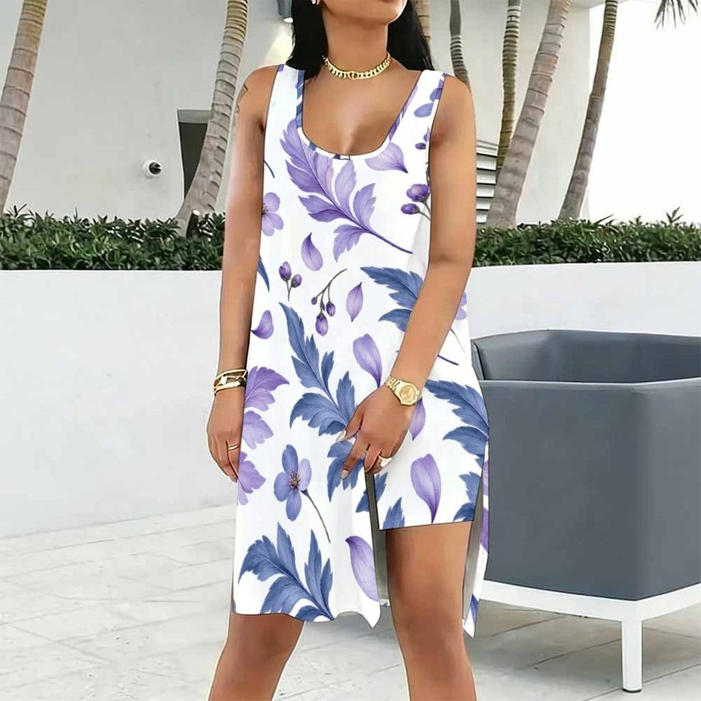 Women Plus Size Scoop Neck Sleeveless Ginkgo Leaf Printed Side Slit Tank Dress And Shorts Two Piece Set