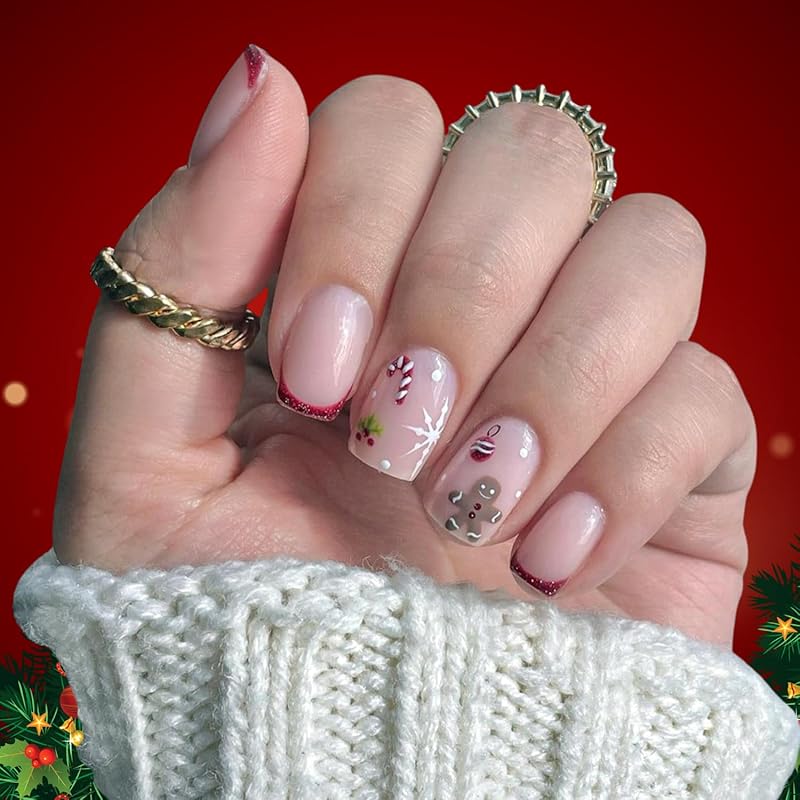 Christmas Press on Nails Short Square Red Fake Nails with Candy Cane Line Snowflake Glossy Designs Full Cover Press ons False Nails for Women 24 Pcs