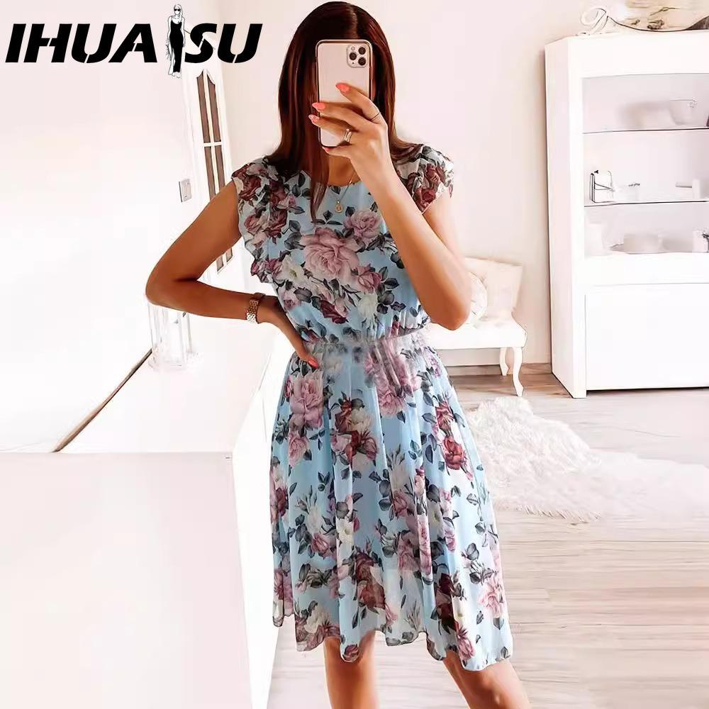 HNXC Fashion Women Casual Loose O-Neck Butterfly Sleeve Floral Print Dress
