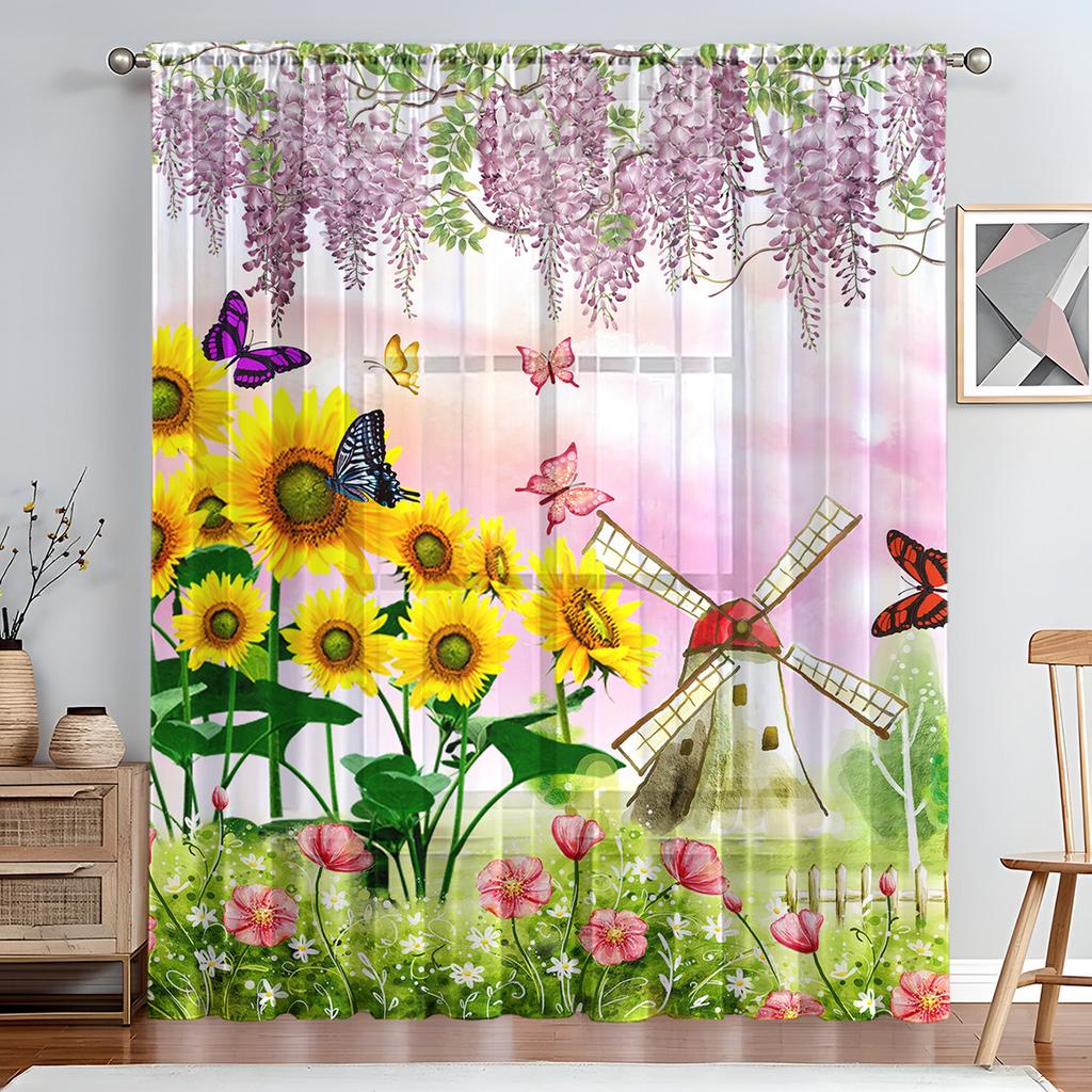 1PC Art Deco Style Sheer Curtain Tiers, Pastoral Flower and Butterfly Print,Rod Pocket, No Bleach, Clear Opacity, for Bedroom, Living Room