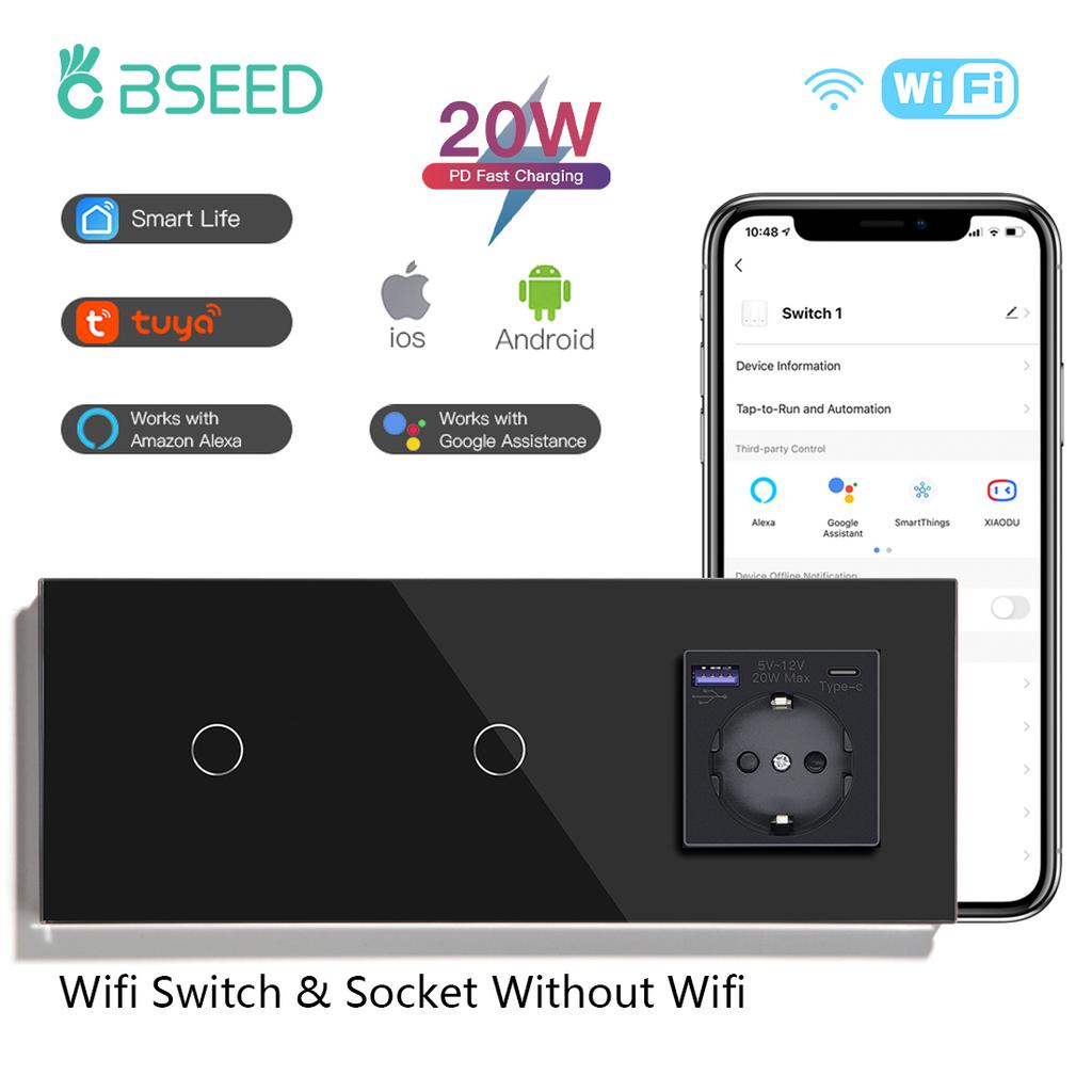 BSEED Wifi 1/2/3Gang Wall Light Switches Touch Panels Tuya Smart Life App Control With EU Power Sockets 20W USBC Charging Ports