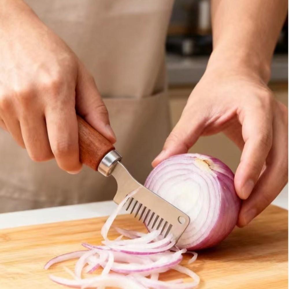Edelstahl Lauchschneider Holzgriff Manuell Zwiebelschneider Multifunktional Ergonomisch FrühlingszwiebelSchneider Kochzubehör