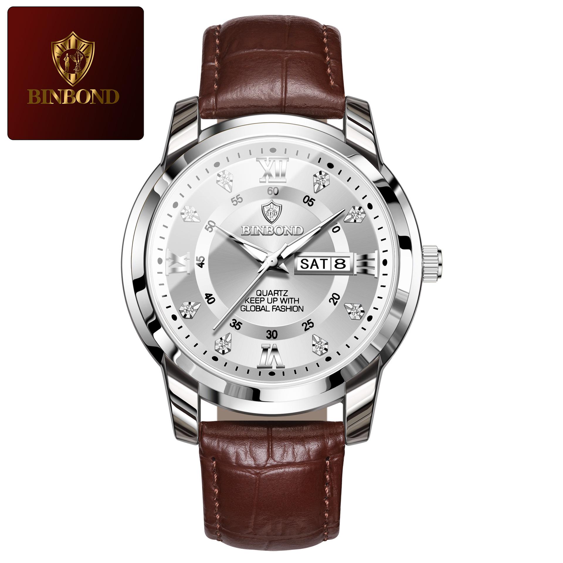 Binbang Men s Waterproof Leather Quartz Watch with Diamond Accents and Dual Calendar
