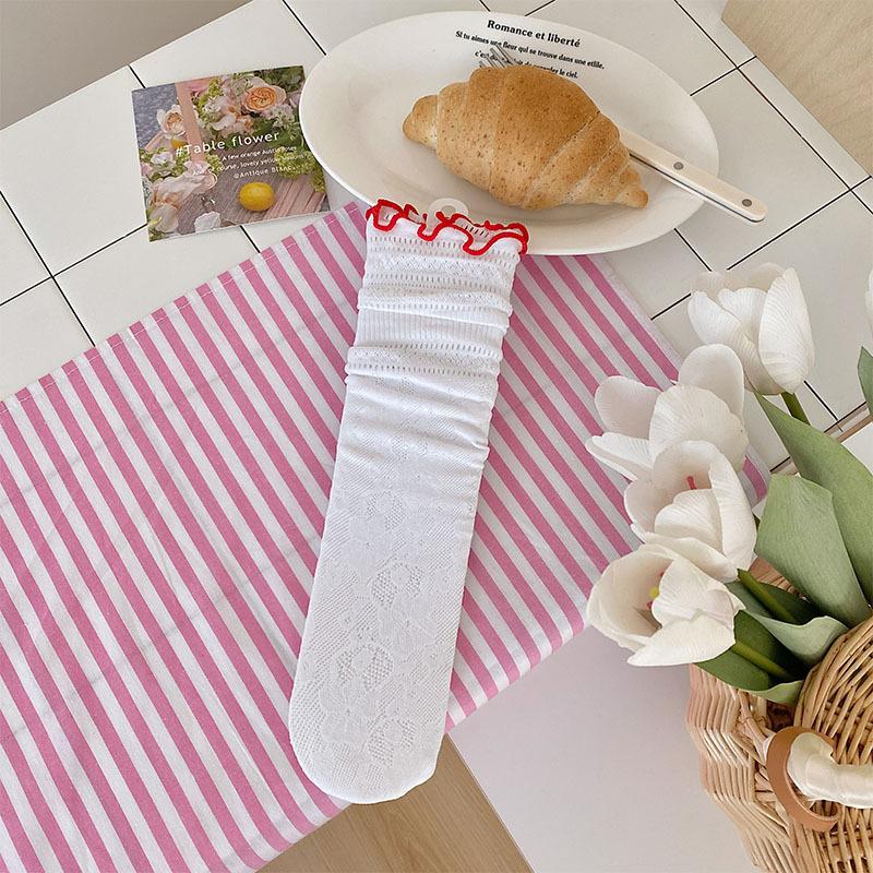 Women's Summer Thin Lace Flower Perforated Mesh Mid-calf Socks with Black Fungus Edges. Women's Pile Socks