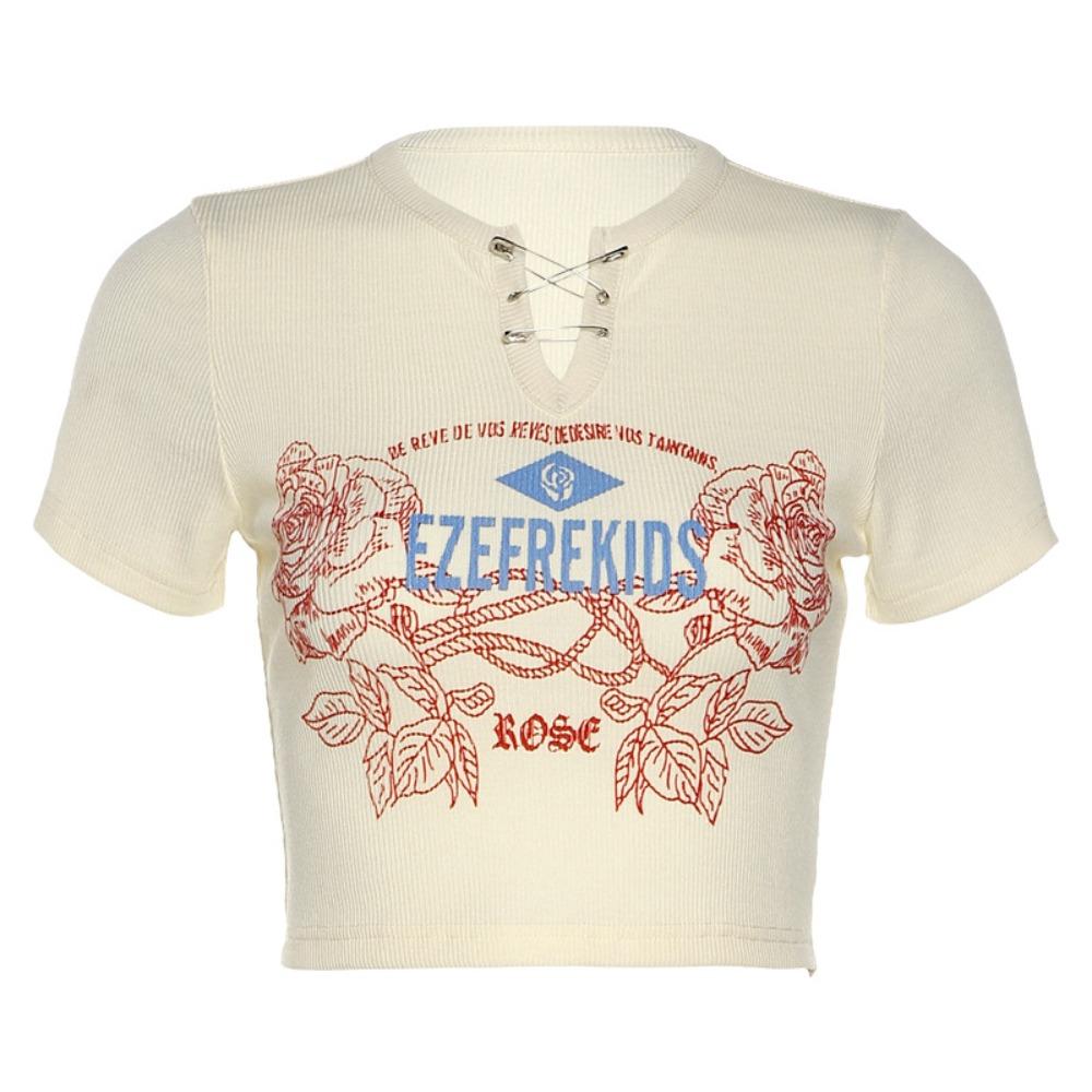 

Кроп-топы Y2K с V-образным вырезом, Топ с короткими рукавами с надписью, Женская ретро футболка с индивидуальностью, Для девушки L абрикосовый