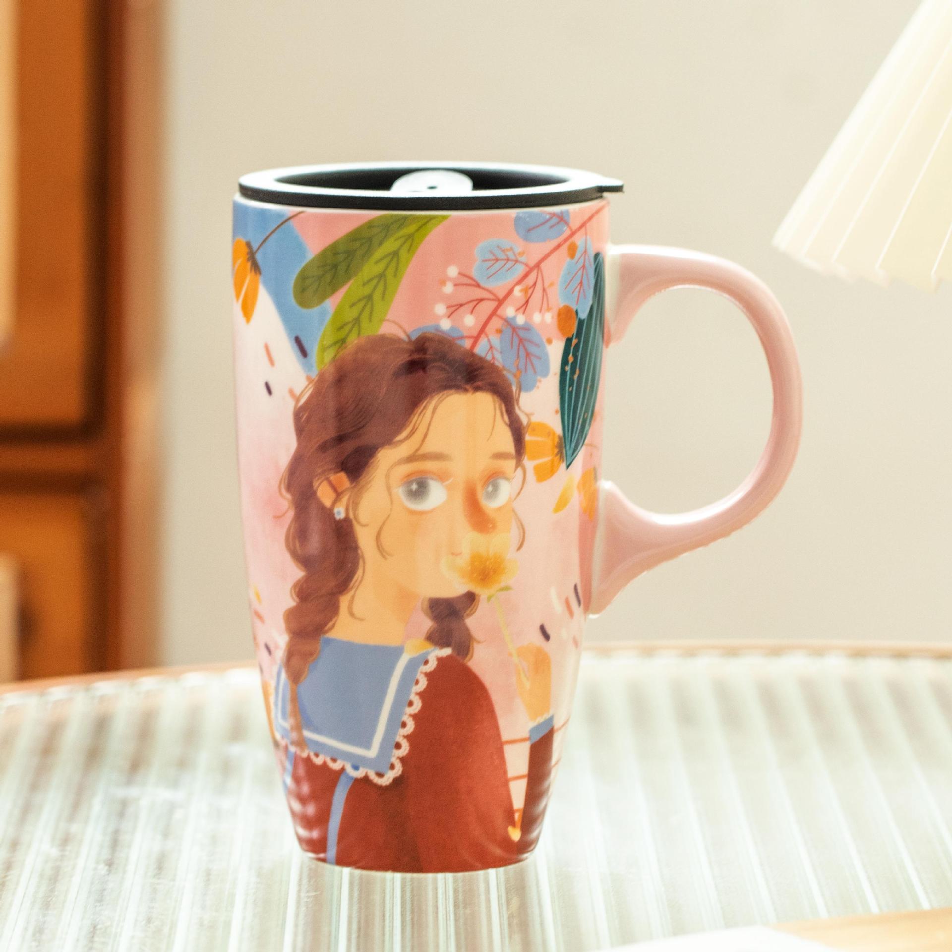 

Premium Small Fresh Large Capacity Ceramic Cup Cute Girl Mug with Lid High Value Home Coffee Cup Household Water Cup 501-600ml