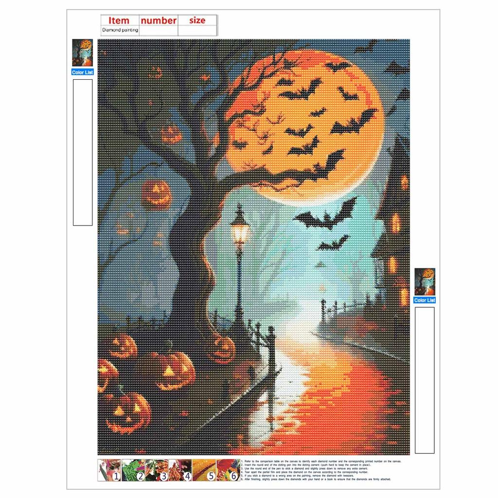 5D Diamond Painting Kit Halloween Moon Tree Pumpkin Bats Pattern DIY Rhinestone Art Canvas Relaxing Craft for Wall Decor Gift