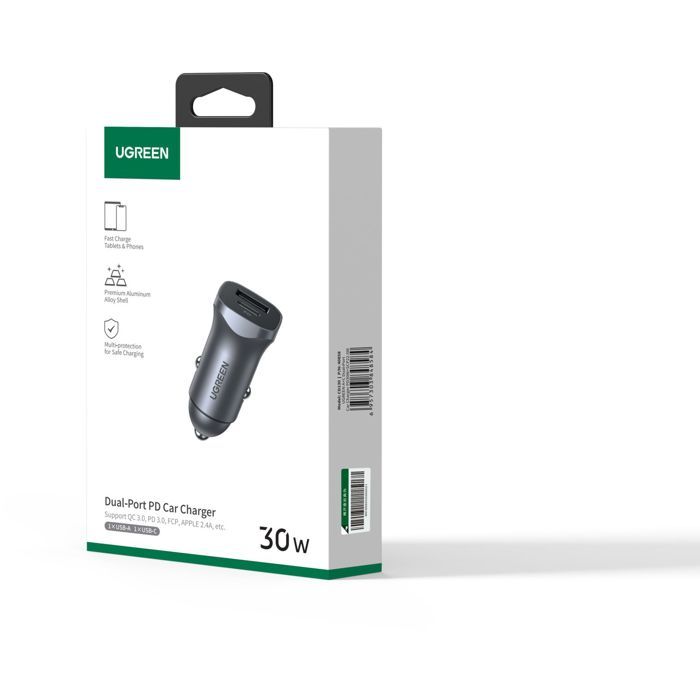 Chargeur voiture - ugreen - 1 usb-c + 1 usb-a - 30w - gris