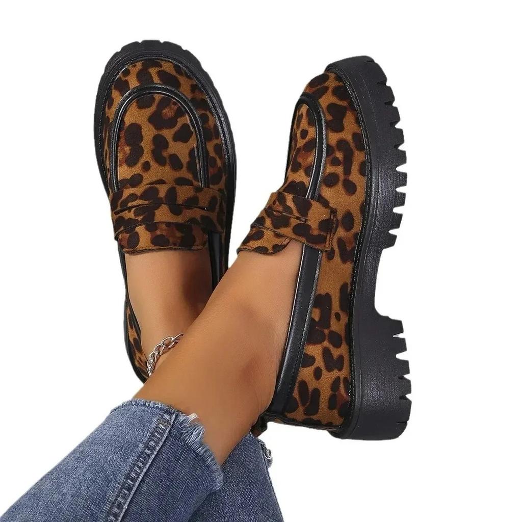 Women Chunky Heels Leopard Loafers New Fashion British Style Slip On Platform Shoes Woman Thick Bottom Shallow Single Shoe Pumps
