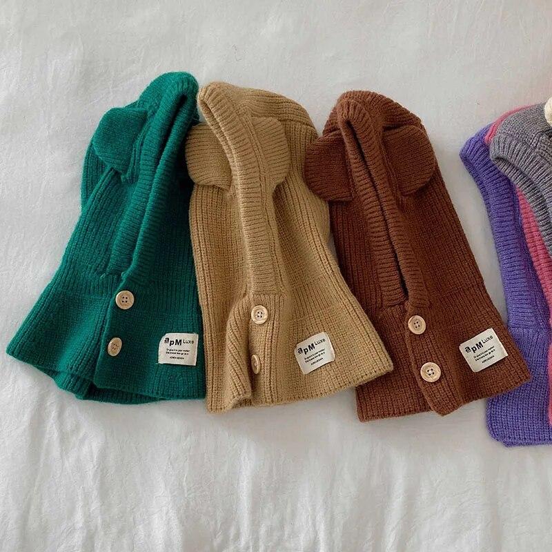 Koreanische Nette Bär Ohr Baby Mit Kapuze Hut Winter Warme Gestrickte Ohr Schutz Balaclava Cap Für Kinder Mädchen Jungen Ein Stück schal Kappe