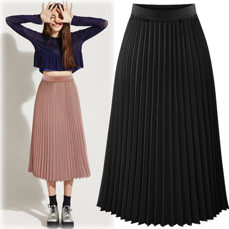 

Printed Elastic Waist Pleated Skirt for Women Pure Color Elastic Waist Loose Pleated Skirt Black S