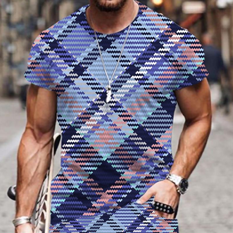 Fashion Hot Men's T-shirts Plaid Stripe Pattern Summer Tracksuit Oversized T-shirt Sportswear Luxury 3D Printed O Neck Funny