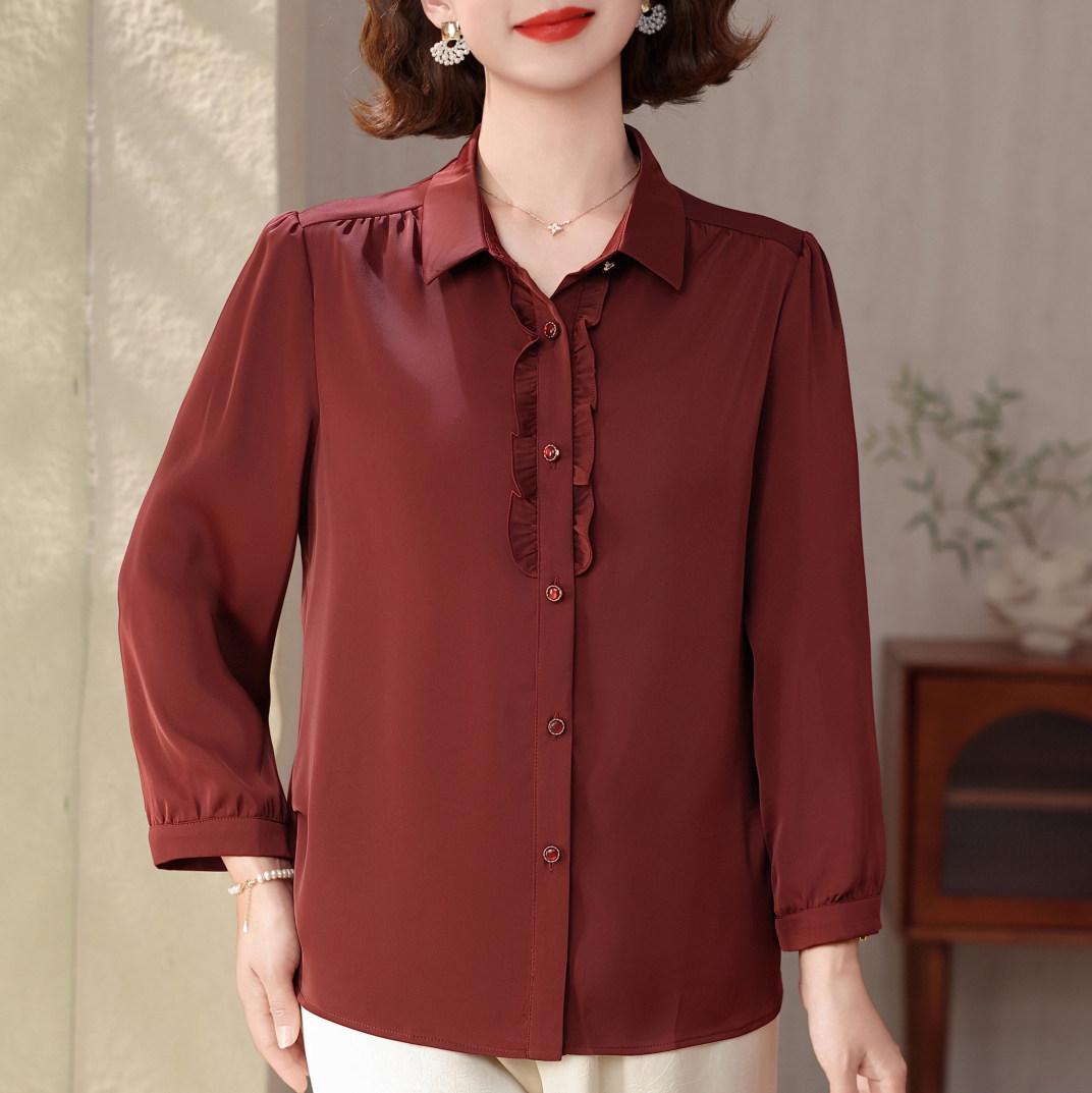 

Mom s Chic Nine-Sleeve Chiffon Shirt - Spring 2026 Style for Middle-Aged & Elderly Women 3XL - 120-135 Jin вина червоного кольору