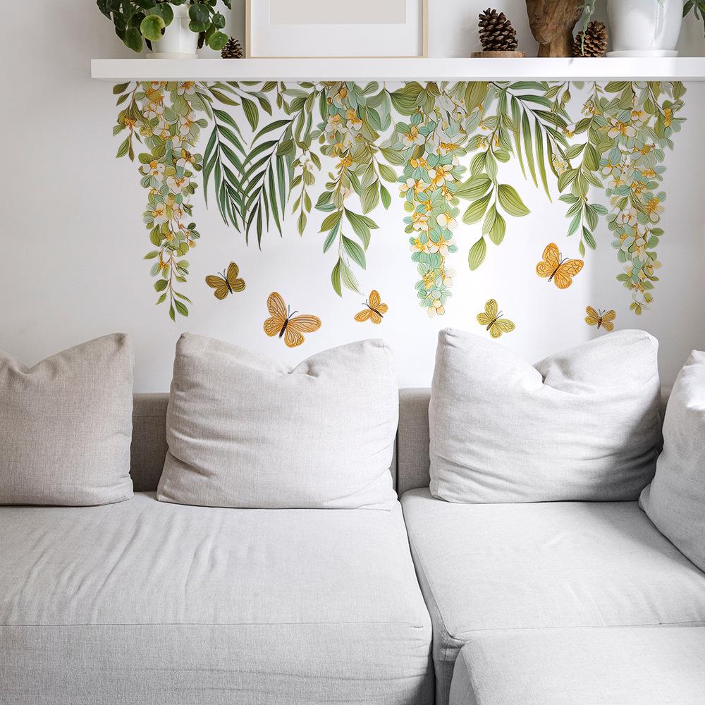 Watercolor Fresh Vine and Butterfly Living Room and Bedroom Background Wall Decoration Stickers
