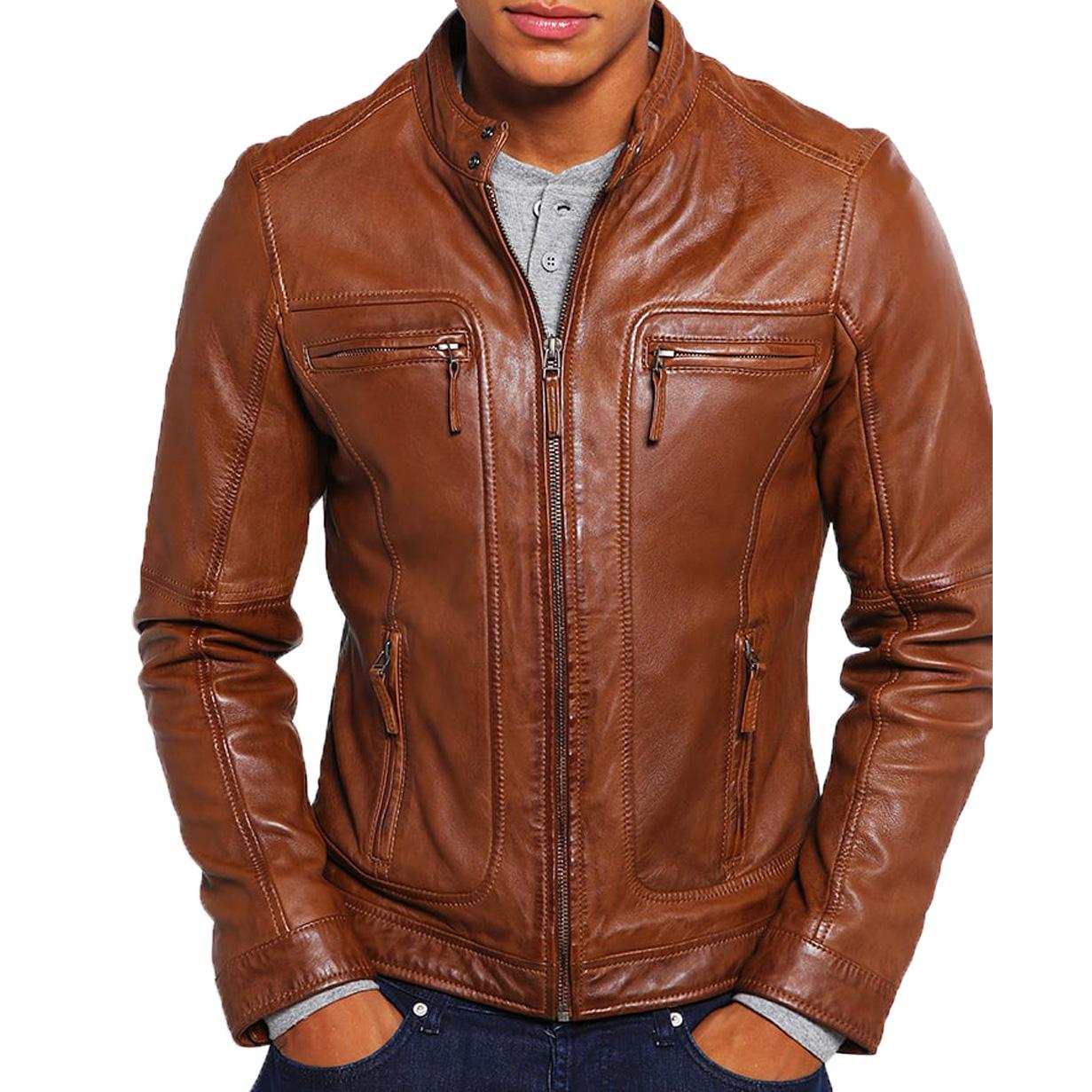 

SkinOutfit Men s Genuine Lambskin Brown Leather Jacket Stylish Motorcycle Bomber Biker Outerwear MJ 234 XS коричневий