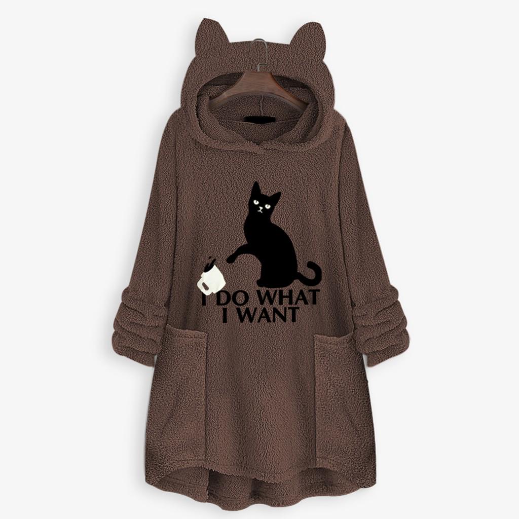 Women Fleece Embroidery Cat Ear Plus Size Hoodie Pocket Top Sweater Blouse