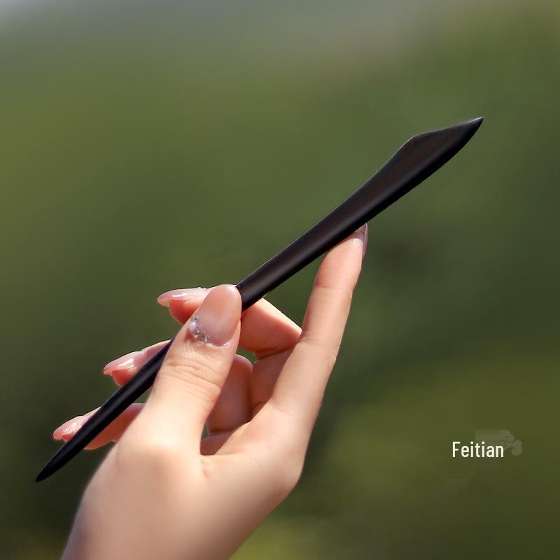 High-End Natural Ebony Wood Hairpin - Extended Chinese Ancient Style Black Hair Bun Accessory