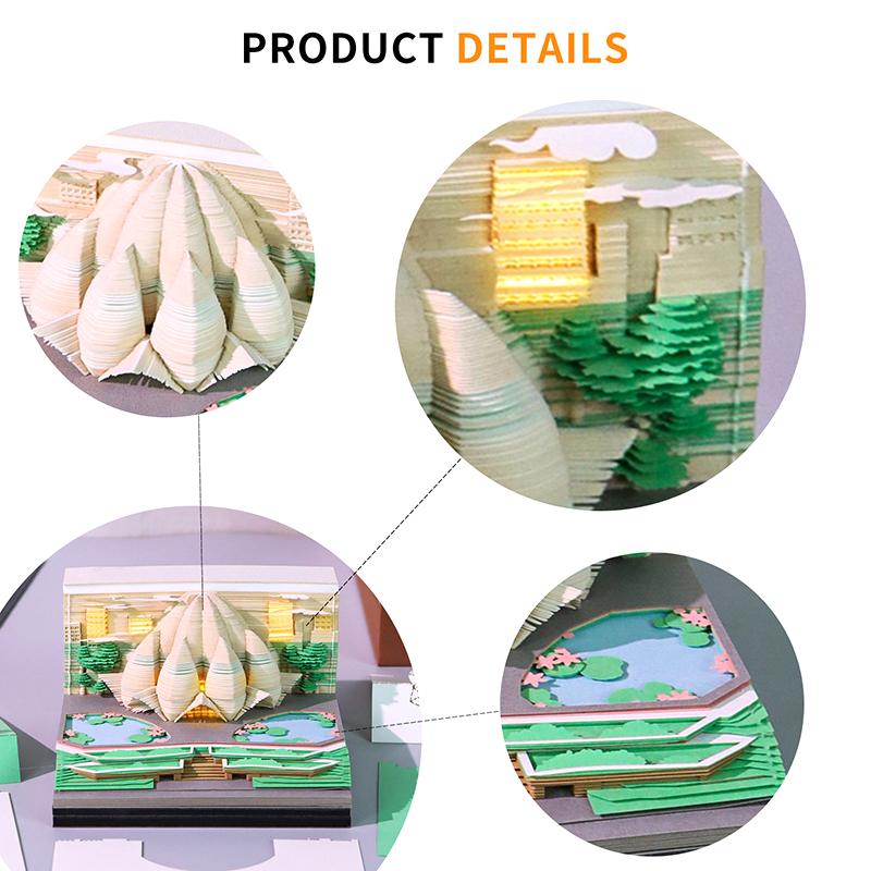 Time Piece Calendar 2026 Desk Calendar With Led Light 3D Tear-Away Calendar Paper Carving Art Memo Pad Notepad Gift Christmas
