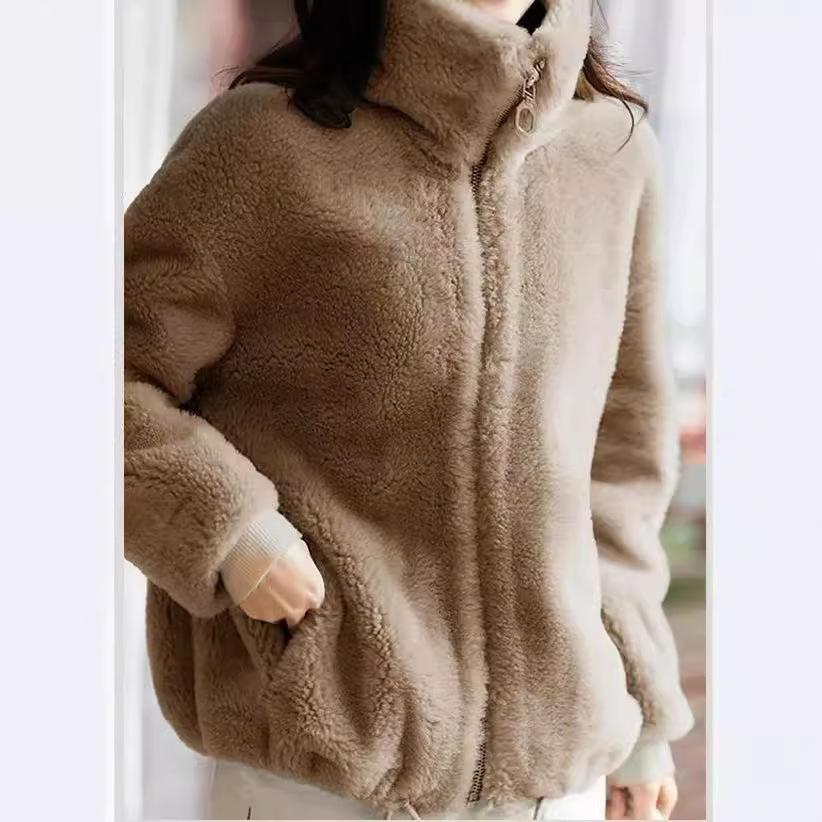 Winter Coral Fleece Jacket Casual Plush Plush Thickened Stand-up Collar Sweater Outer Wear Loungewear Thermal Pajamas Women