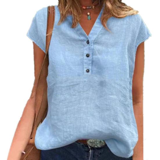 

Простая футболка с v-образным вырезом и короткими рукавами и пуговицами, женский однотонный пуловер, верхняя женская одежда XL синий