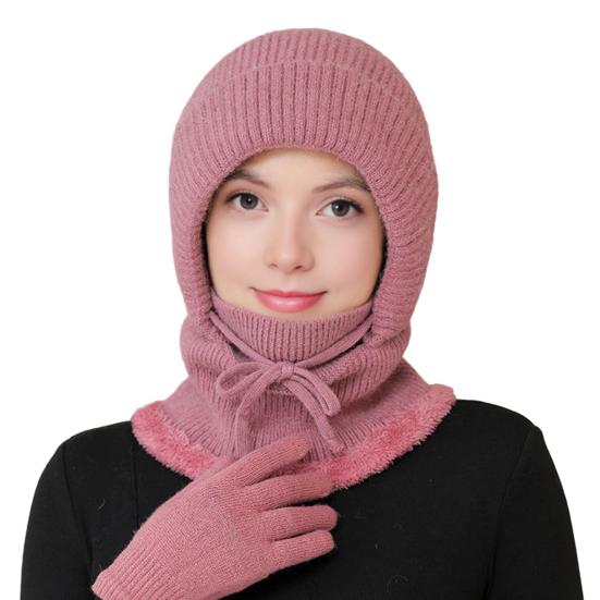 Gestrickte Wollmütze mit Schnürung zur Anpassung, Samtfutter, Gesichts- und Nackenschutz, Reitkopfbedeckung, Winterwärmemütze