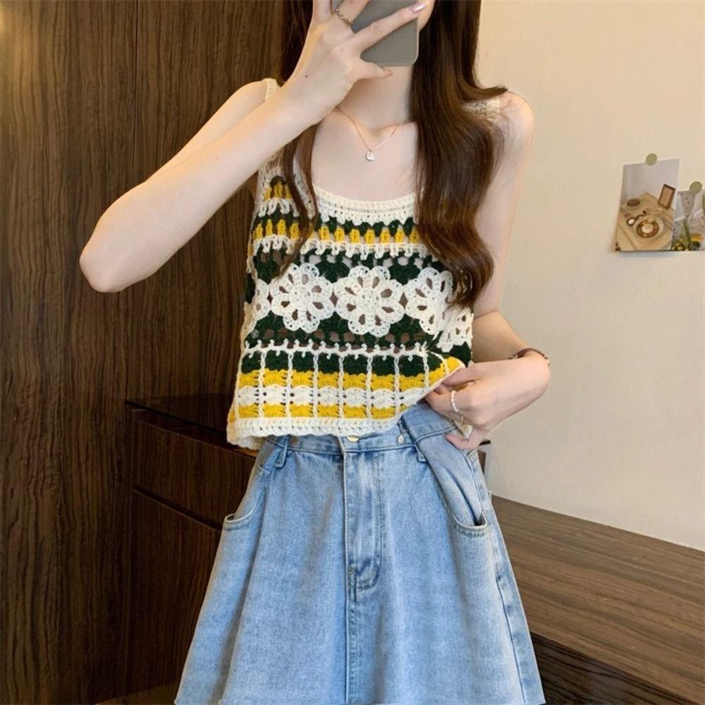 Short Knitted Vest Polyester Fiber Sleeveless Top Sweet Hollow Out Top Women's