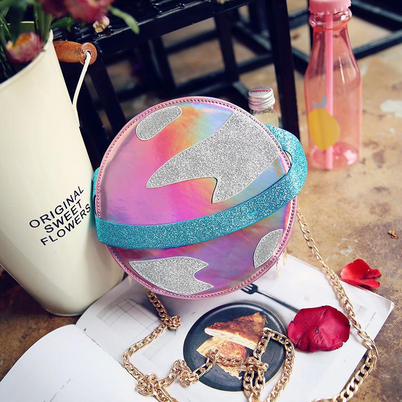 

Laser Circular Planet Shape Pursess and Handbags for Young Girls Cute Cartoon Women Chain Crossbody Bag Fashion Novetly Clutch