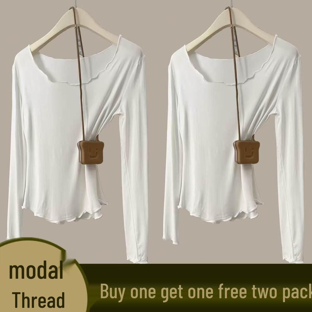 Women's Autumn Modal Ribbed Top: Round Neck, Long Sleeve, Rolled Hem, Base Layer T-Shirt