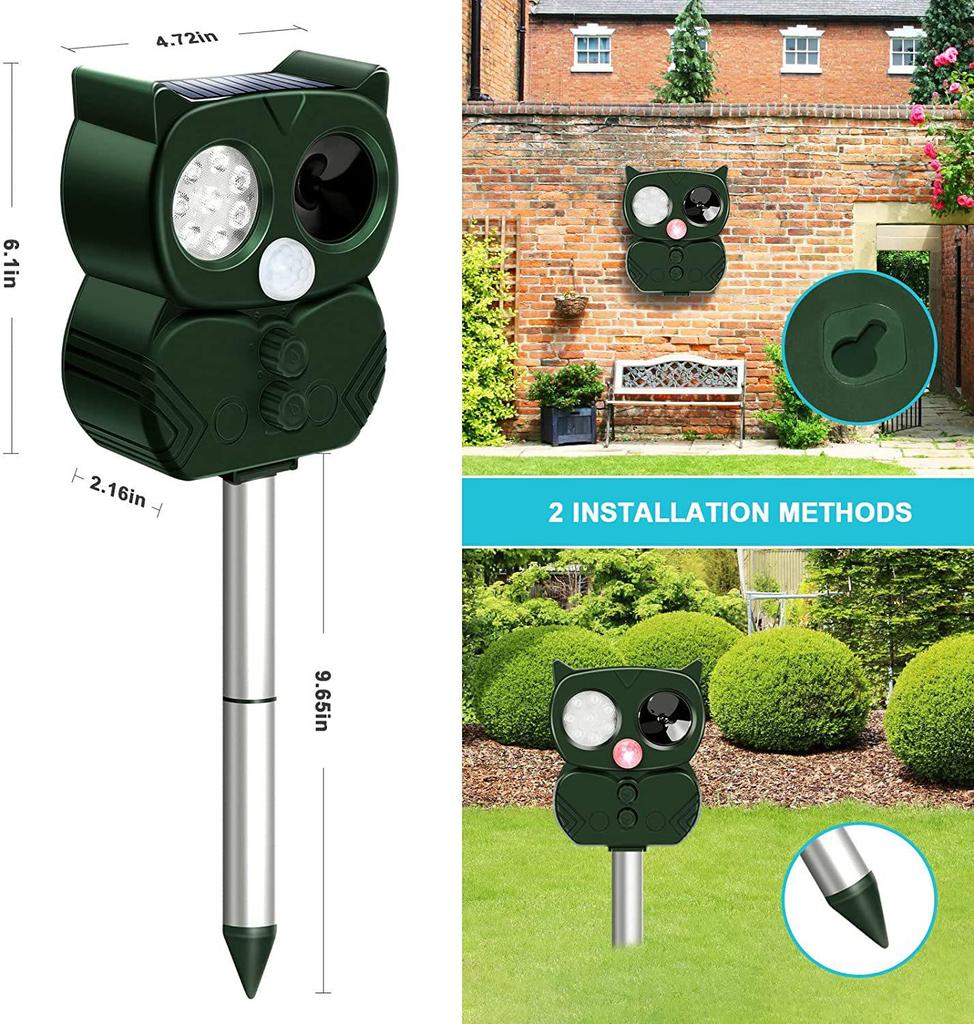 Solar Multi-functional Ultrasonic Pest Repeller for Dogs, Cats, Birds, and Insects with Strobe Light