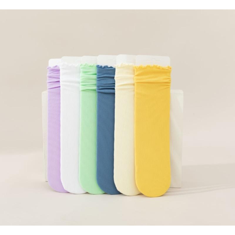 5 pairs of socks women's summer thin mid-calf black and white wooden ear edge solid colour ice ice socks velvet stacking socks