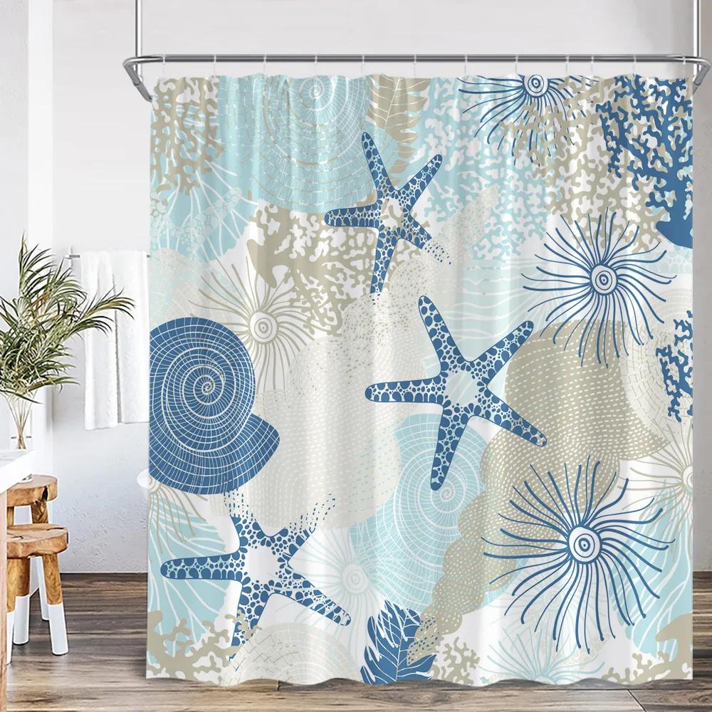 

Nautical Cartoon Shower Curtain Tropical Fish Starfish Shell Seaweed Coral Underwater Bathroom Decoration Polyester Bath Curtain W90xH180cm(35x70in)