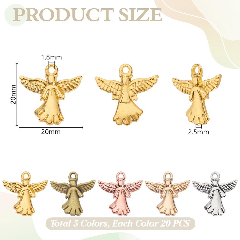 100Pcs 5 Colors Tibetan Style Alloy Pendants Angel Mixed Color 20x20x2.5mm Hole: 1.8mm